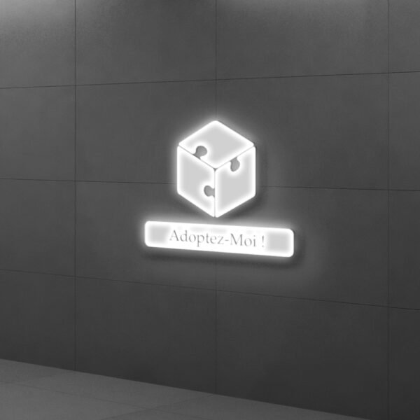 Application du logo en enseigne lumineuse placée sur un mur.
